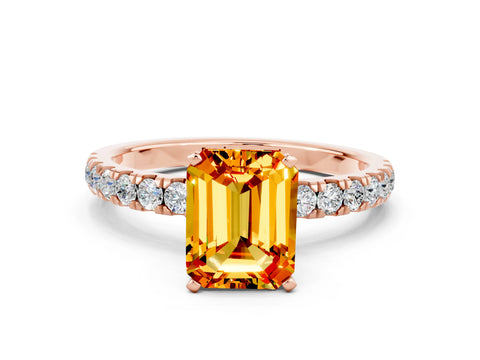 Rose gold Emerald Cut Citrine Solitaire Ring with Pavé Accents and Four-Prong Setting
