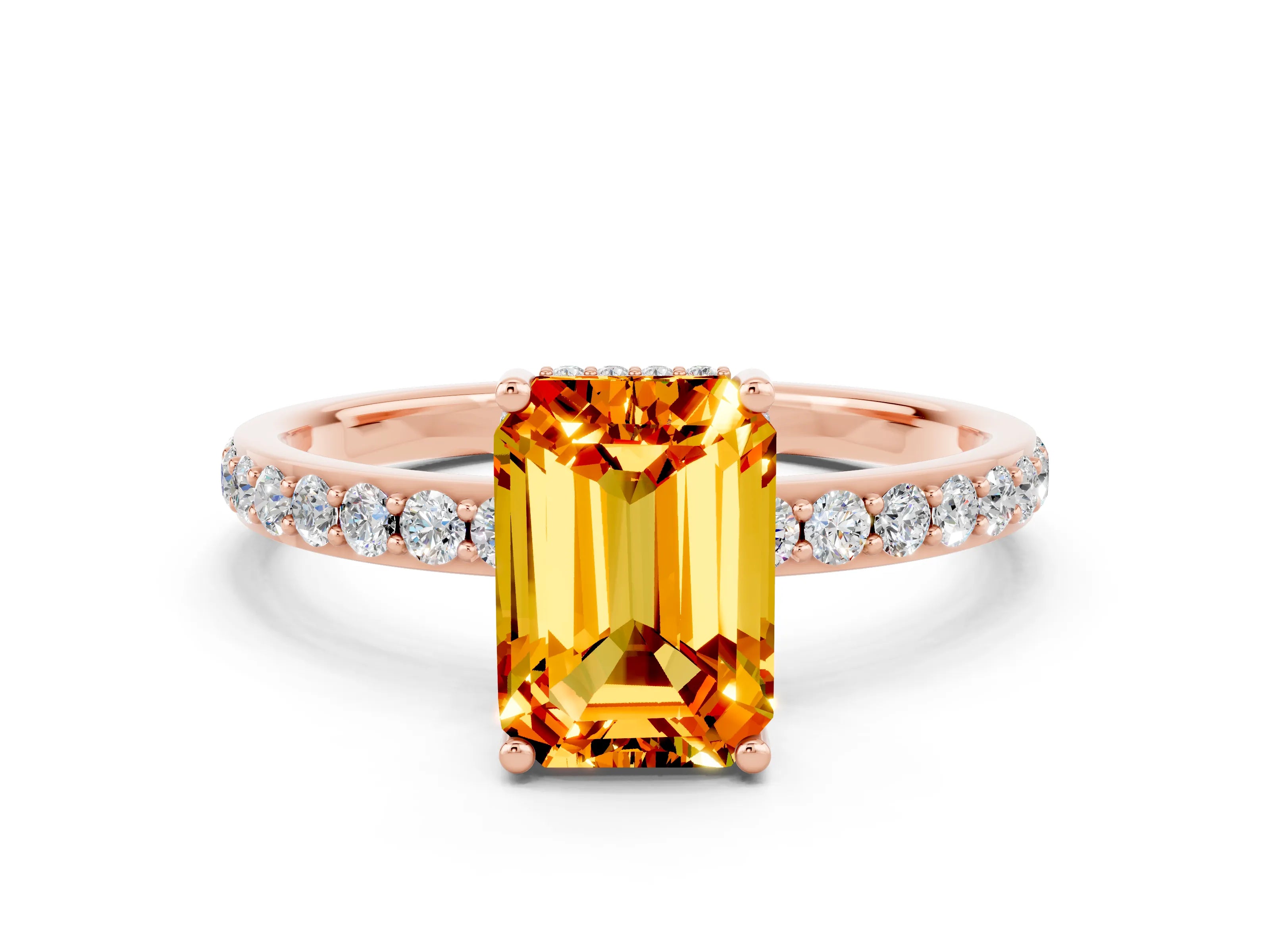 Rose gold Emerald Cut Citrine Solitaire Ring with Pavé Band and Hidden Halo_12