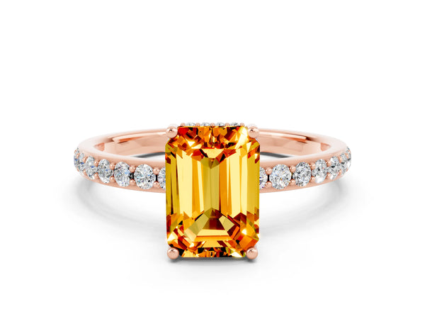 Rose gold Emerald Cut Citrine Solitaire Ring with Pavé Band and Hidden Halo