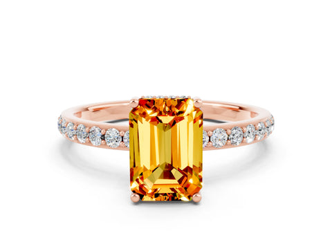 Rose gold Emerald Cut Citrine Solitaire Ring with Pavé Band and Hidden Halo_12