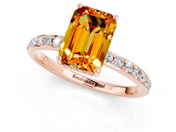 Rose gold Emerald Cut Citrine Solitaire Ring with Pavé Band and Hidden Halo