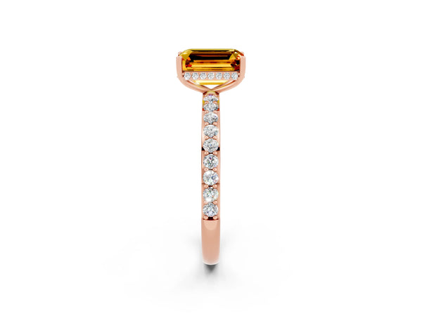 Rose gold Emerald Cut Citrine Solitaire Ring with Pavé Band and Hidden Halo