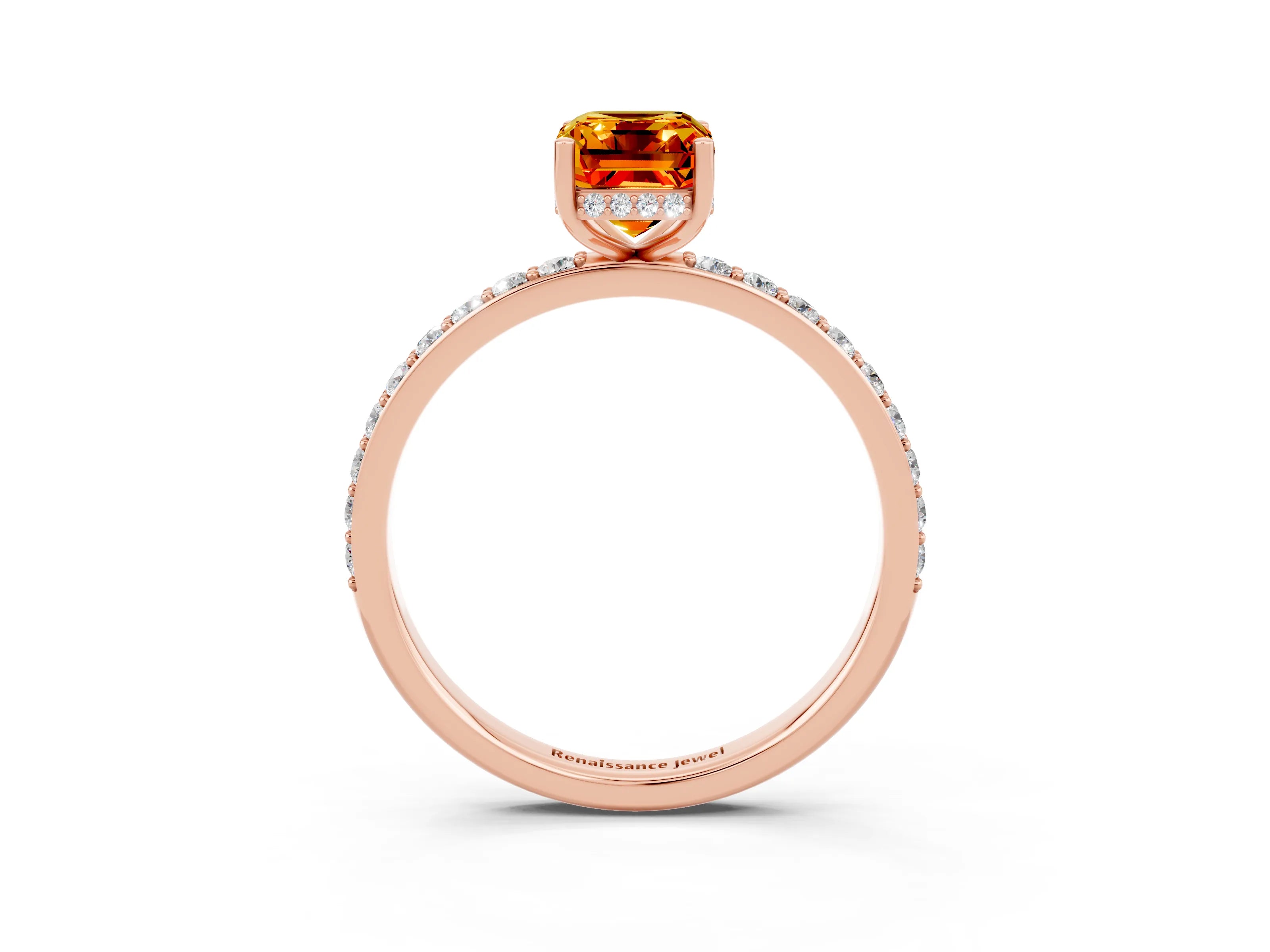 Rose gold Emerald Cut Citrine Solitaire Ring with Pavé Band and Hidden Halo_15