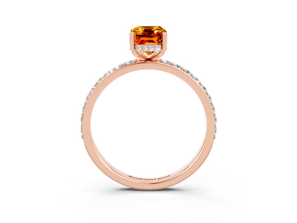 Rose gold Emerald Cut Citrine Solitaire Ring with Pavé Band and Hidden Halo