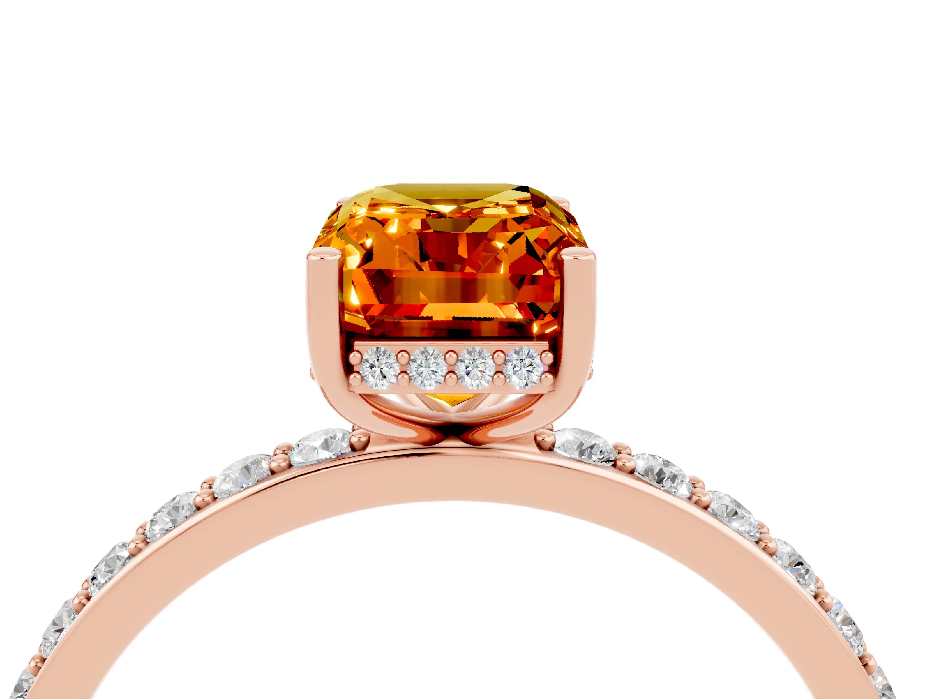 Rose gold Emerald Cut Citrine Solitaire Ring with Pavé Band and Hidden Halo_16