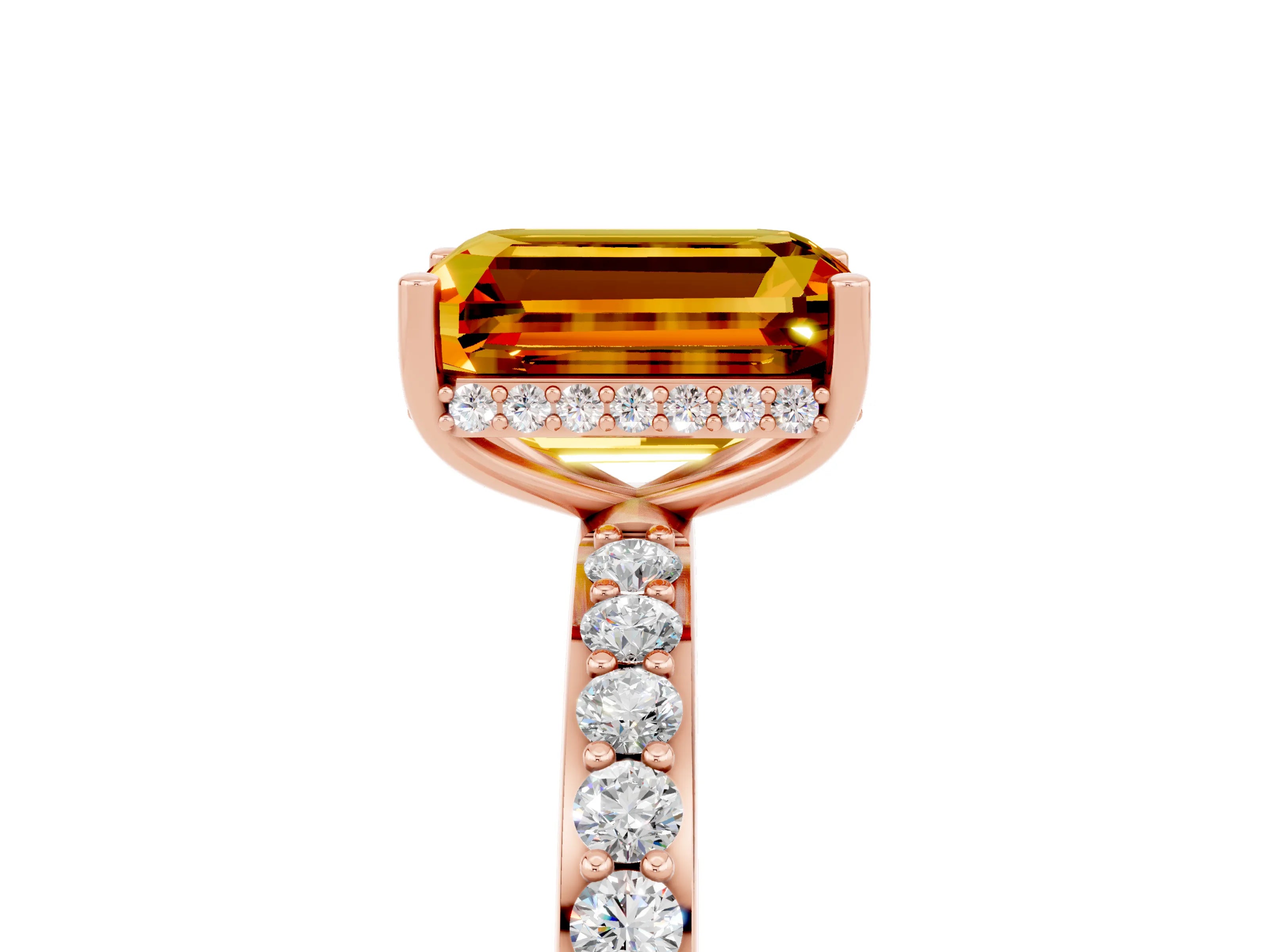 Rose gold Emerald Cut Citrine Solitaire Ring with Pavé Band and Hidden Halo_17