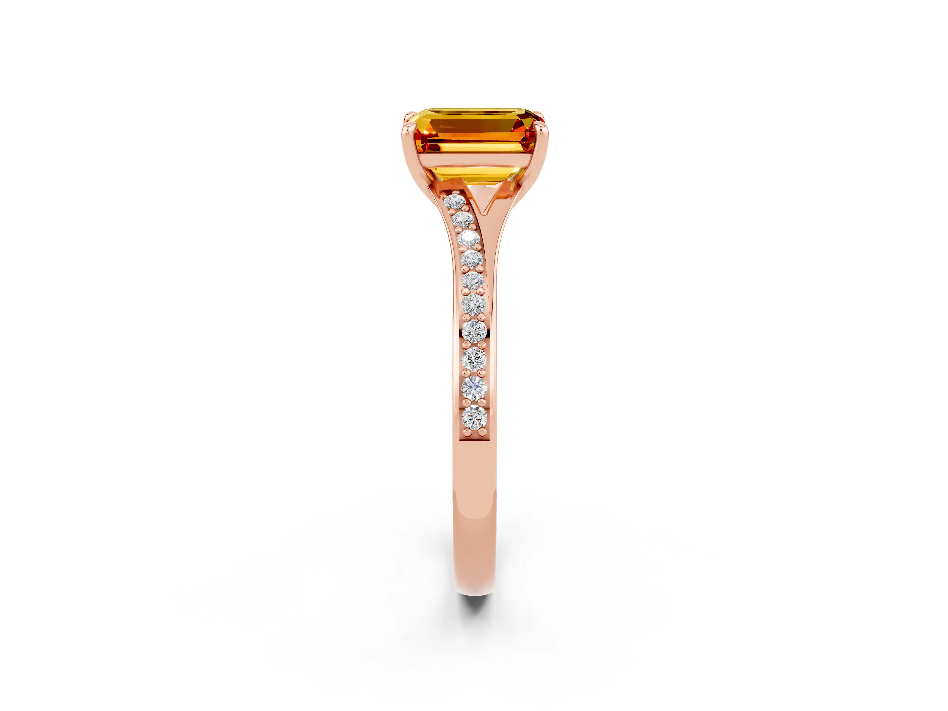 Rose gold Emerald Cut Citrine Solitaire Ring with Pavé Band and Prong Setting_2