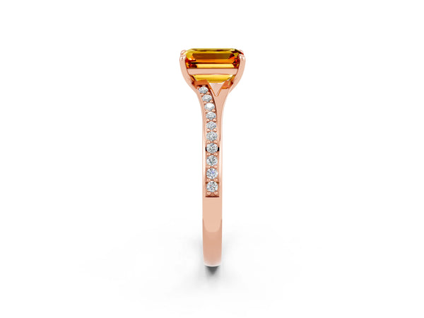 Rose gold Emerald Cut Citrine Solitaire Ring with Pavé Band and Prong Setting