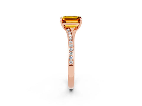 Rose gold Emerald Cut Citrine Solitaire Ring with Pavé Band and Prong Setting_2