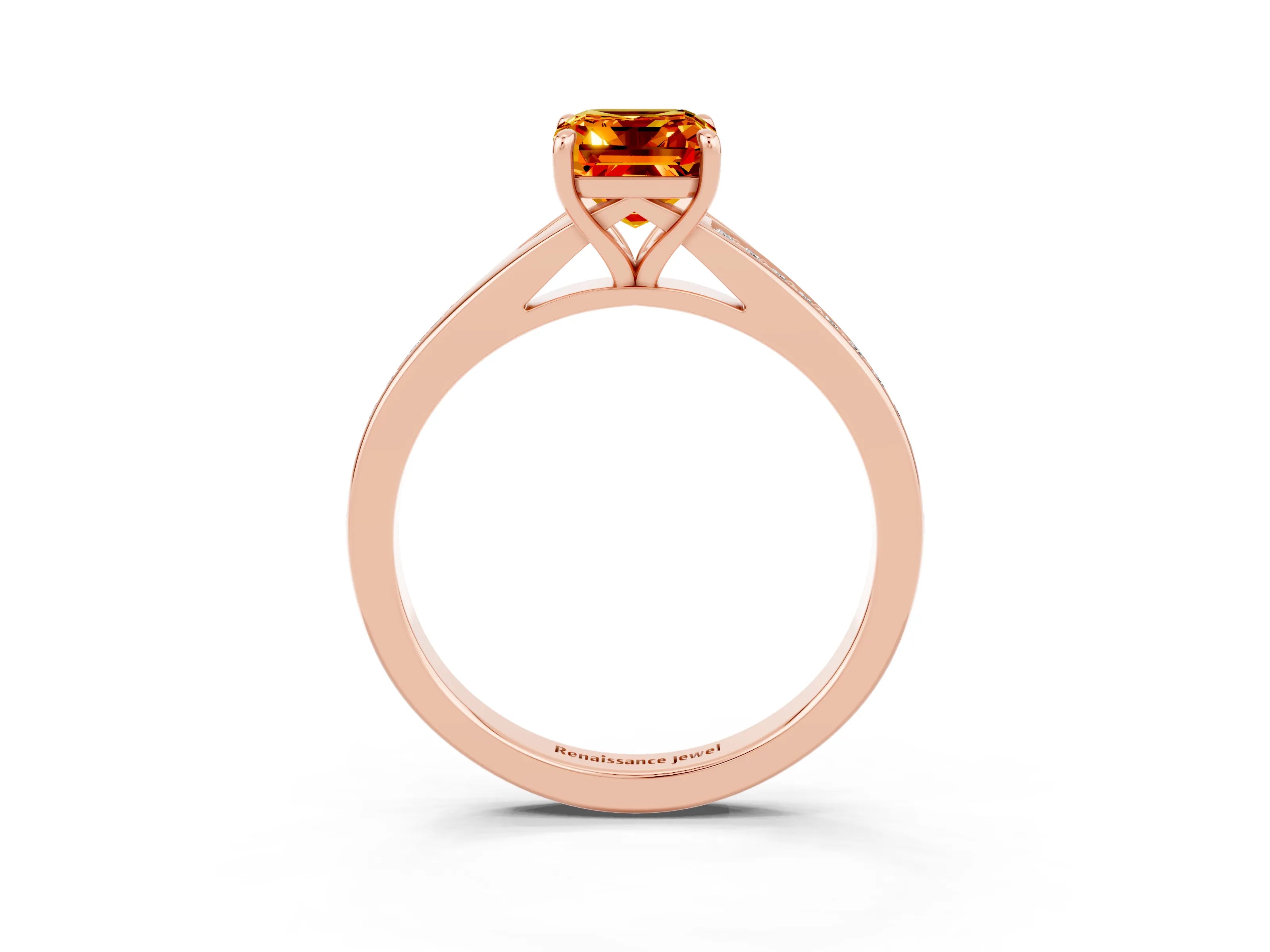 Rose gold Emerald Cut Citrine Solitaire Ring with Pavé Band and Prong Setting_3