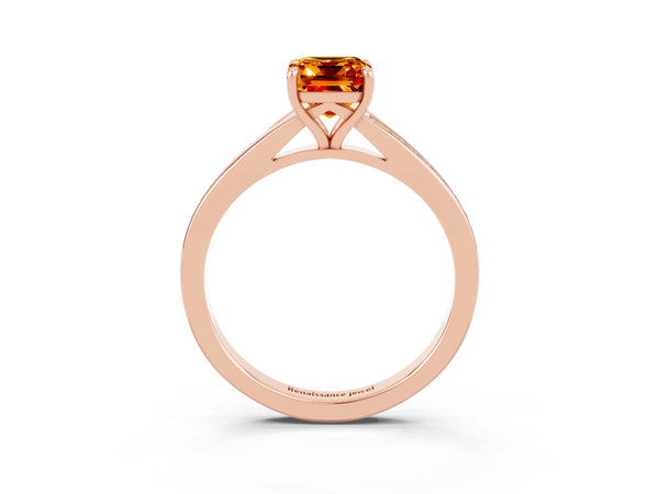 Rose gold Emerald Cut Citrine Solitaire Ring with Pavé Band and Prong Setting