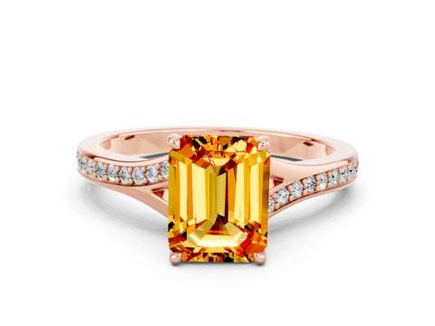 Rose gold Emerald Cut Citrine Solitaire Ring with Pavé Band and Prong Setting_36