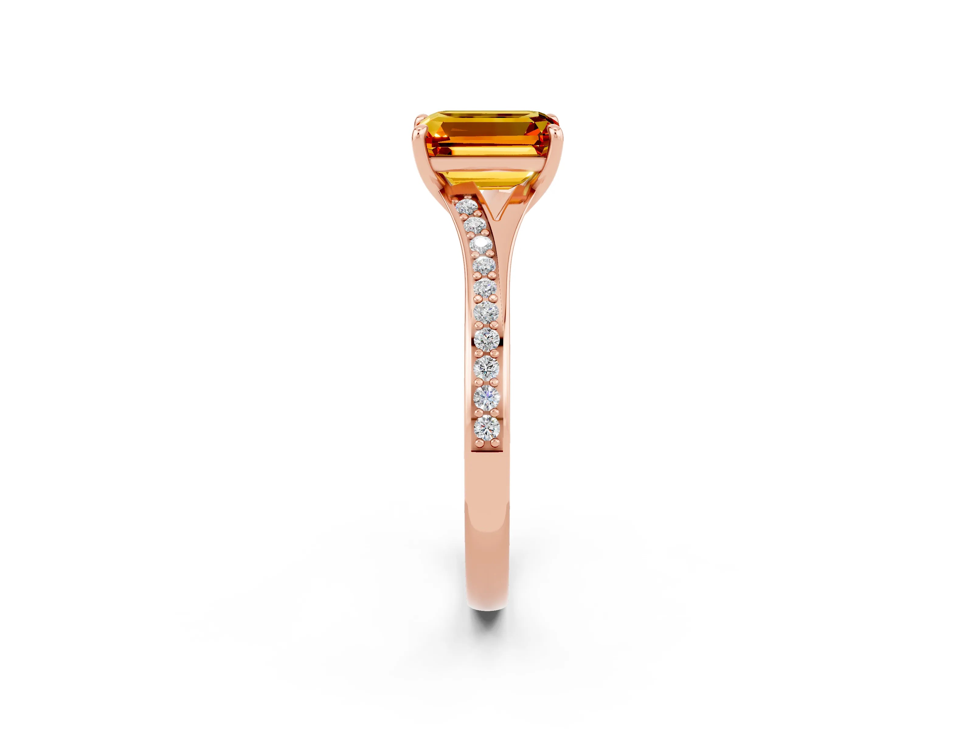 Rose gold Emerald Cut Citrine Solitaire Ring with Pavé Band and Prong Setting_38