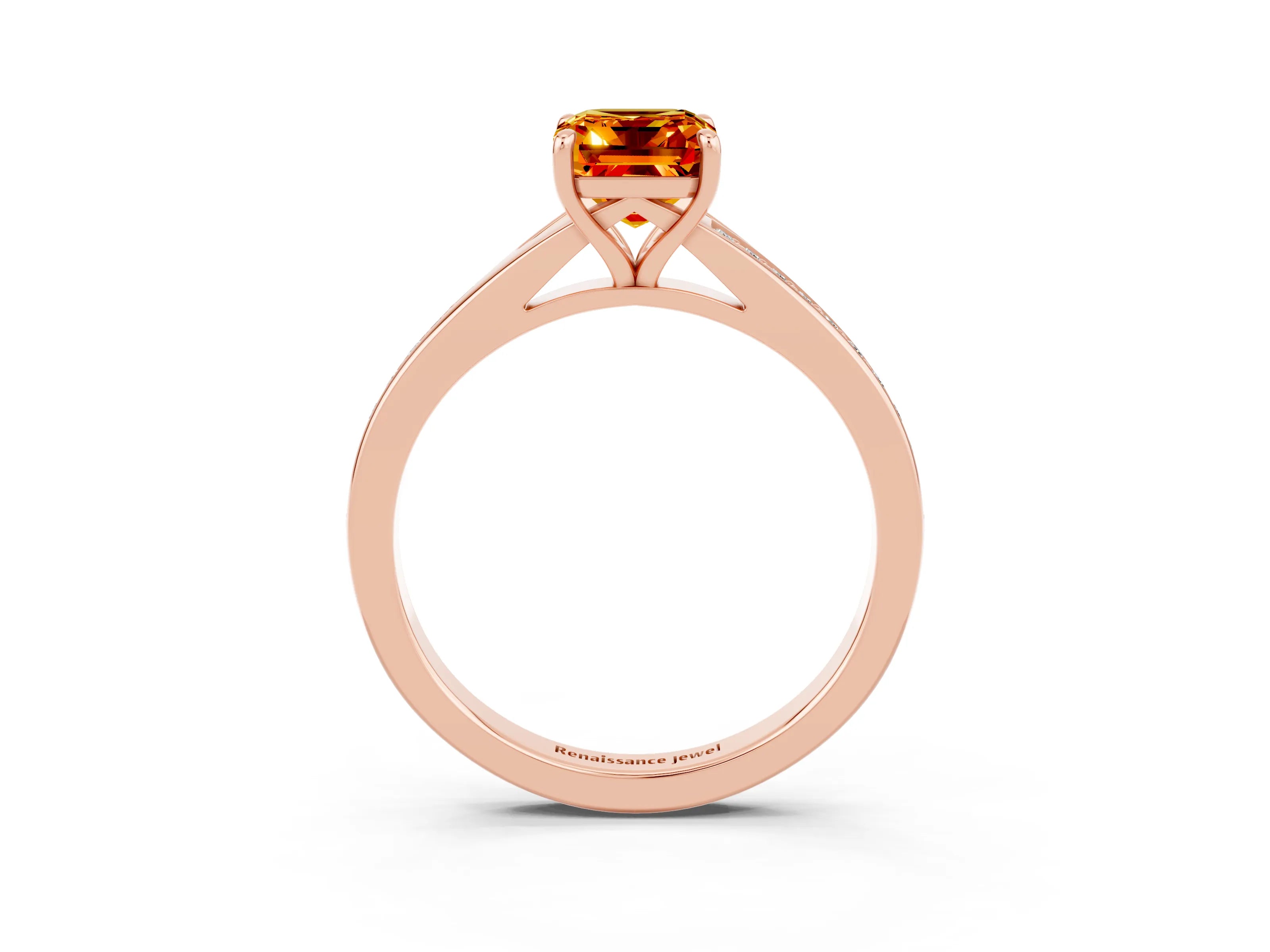 Rose gold Emerald Cut Citrine Solitaire Ring with Pavé Band and Prong Setting_39