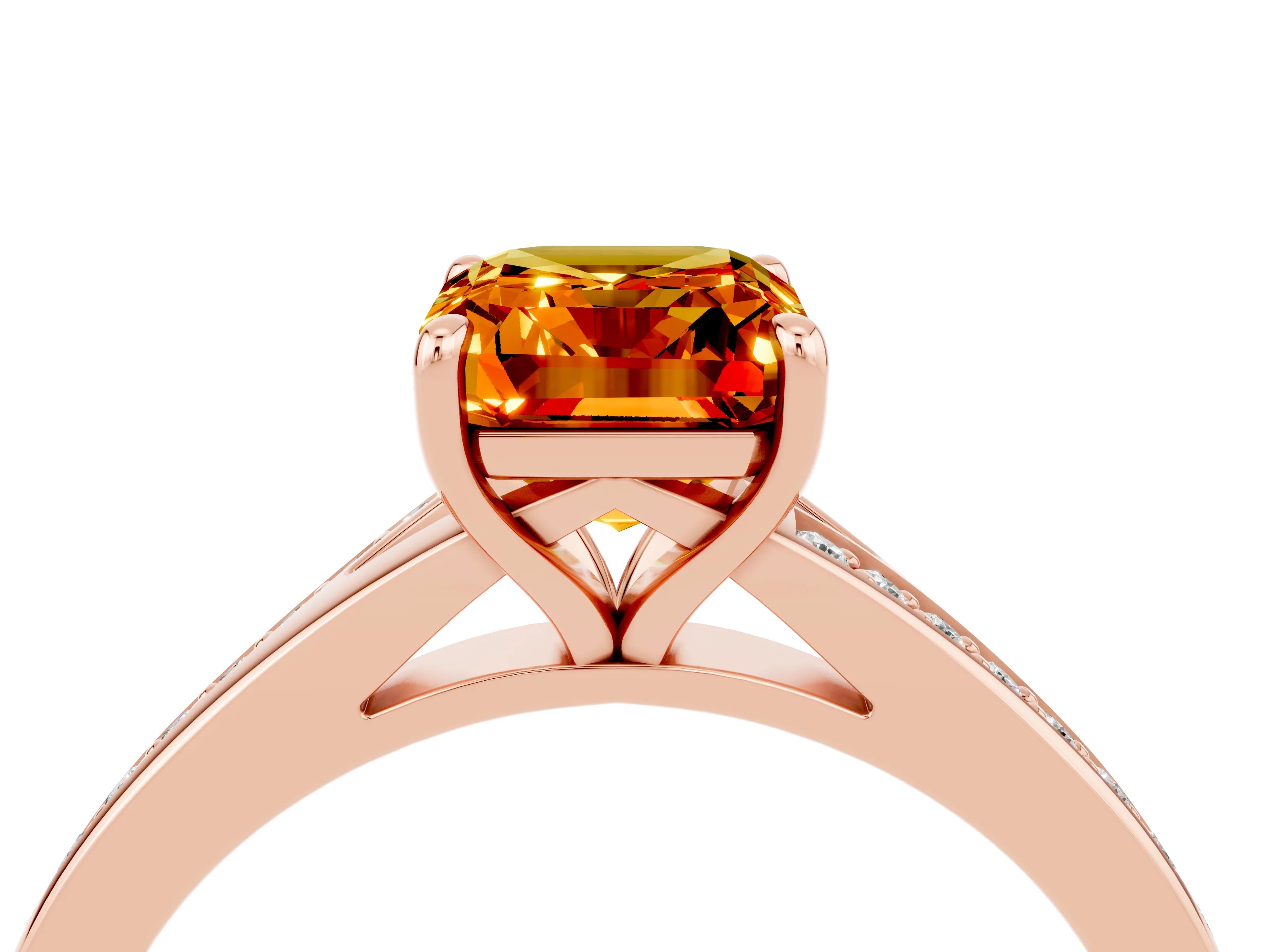 Rose gold Emerald Cut Citrine Solitaire Ring with Pavé Band and Prong Setting_4