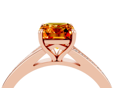 Rose gold Emerald Cut Citrine Solitaire Ring with Pavé Band and Prong Setting_40