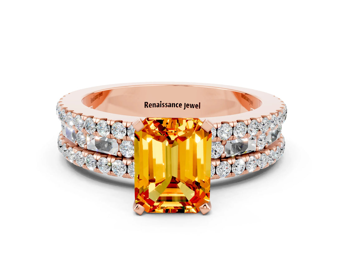 Rose gold Emerald Cut Citrine Solitaire Ring with Pavé and Channel Set Band