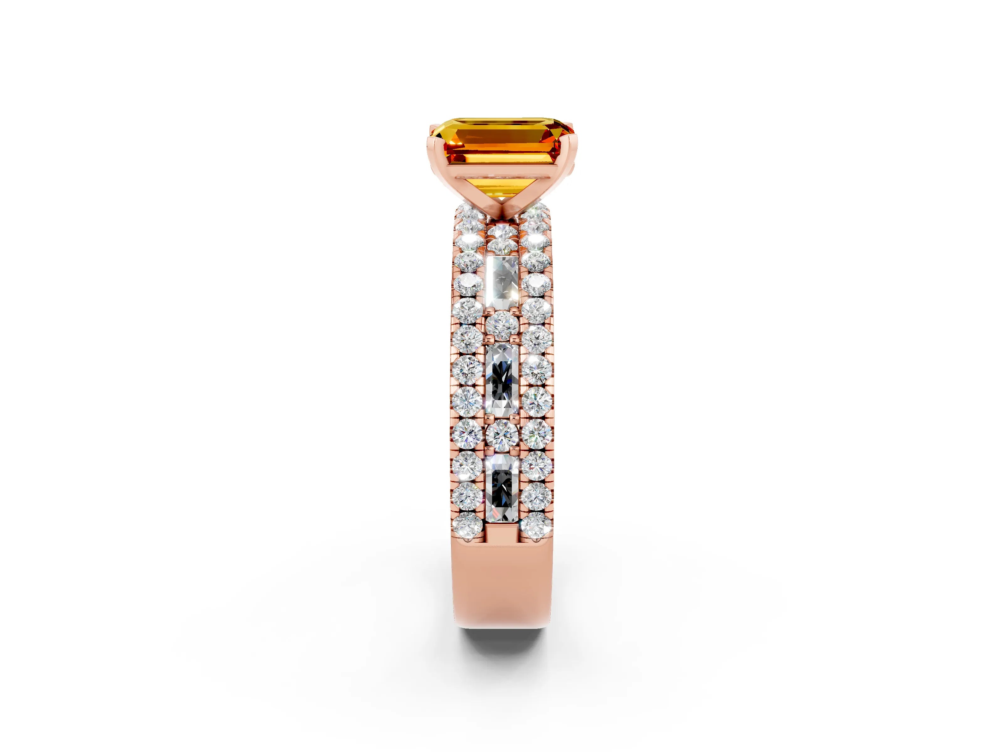 Rose gold Emerald Cut Citrine Solitaire Ring with Pavé and Channel Set Band_2