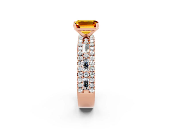 Rose gold Emerald Cut Citrine Solitaire Ring with Pavé and Channel Set Band