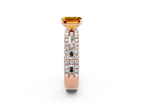 Rose gold Emerald Cut Citrine Solitaire Ring with Pavé and Channel Set Band_2