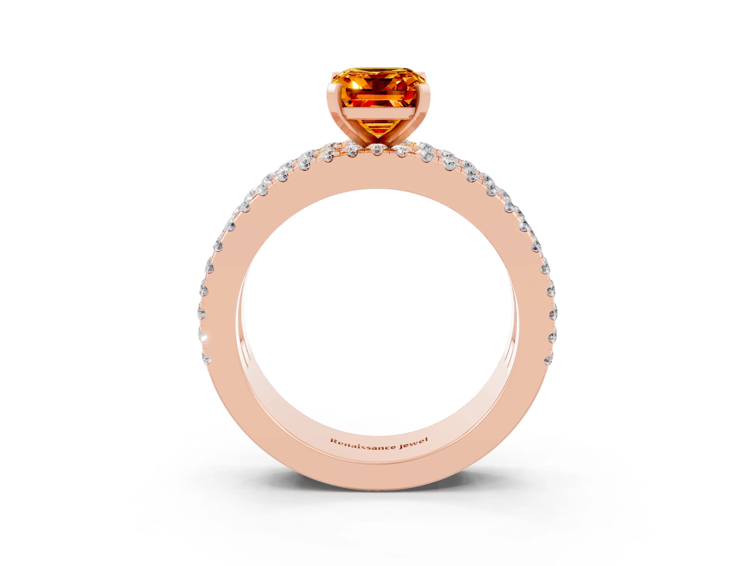 Rose gold Emerald Cut Citrine Solitaire Ring with Pavé and Channel Set Band_3