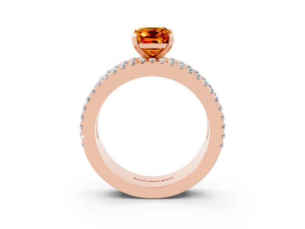 Rose gold Emerald Cut Citrine Solitaire Ring with Pavé and Channel Set Band