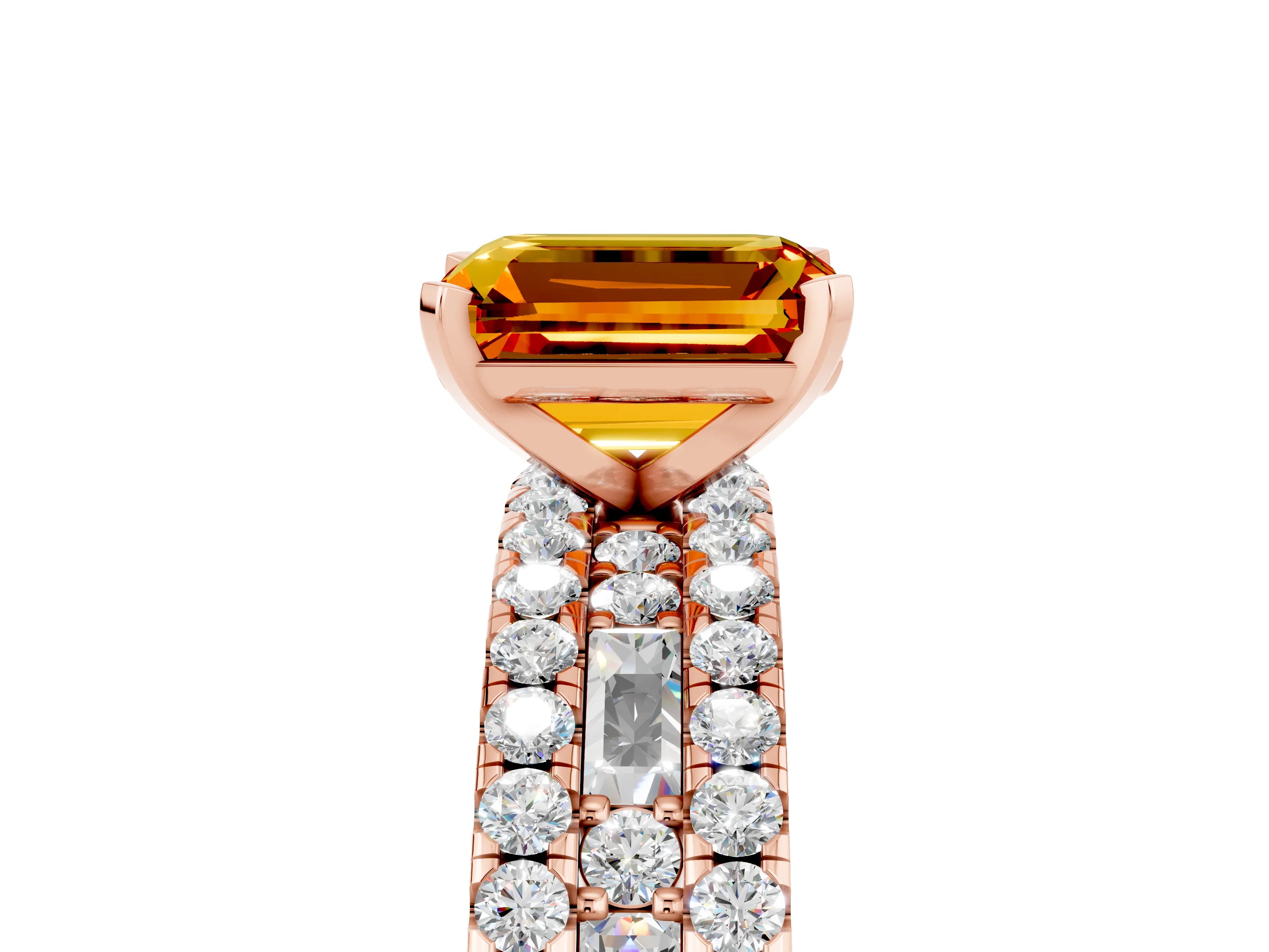 Rose gold Emerald Cut Citrine Solitaire Ring with Pavé and Channel Set Band_5