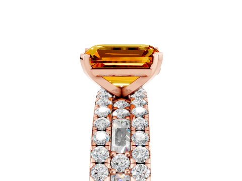 Rose gold Emerald Cut Citrine Solitaire Ring with Pavé and Channel Set Band_5