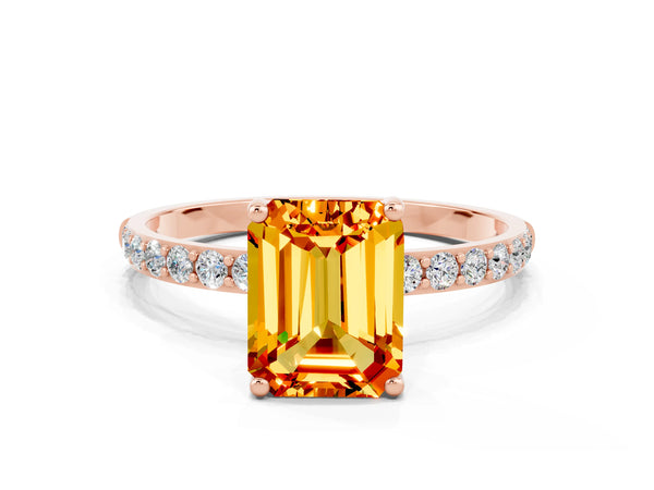 Rose gold Emerald Cut Citrine Solitaire Ring with Round  Pavé Band and Prong Setting