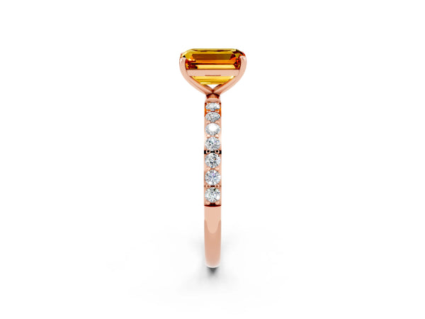 Rose gold Emerald Cut Citrine Solitaire Ring with Round  Pavé Band and Prong Setting