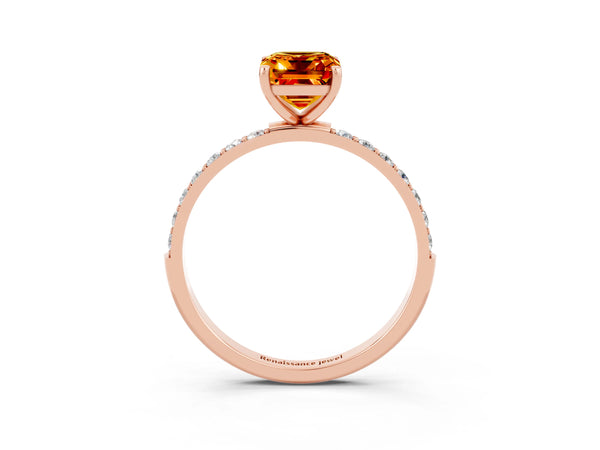 Rose gold Emerald Cut Citrine Solitaire Ring with Round  Pavé Band and Prong Setting