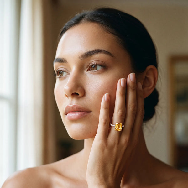 Rose gold Emerald Cut Citrine Solitaire Ring with Round  Pavé Band and Four-Prong Setting