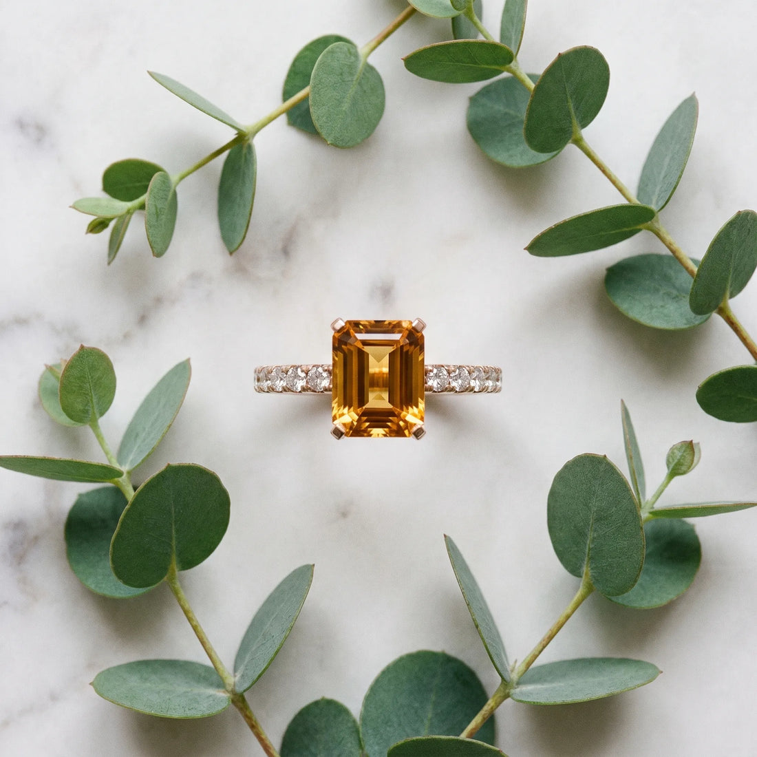 Rose gold Emerald Cut Citrine Solitaire Ring with Round  Pavé Band and Four-Prong Setting_45