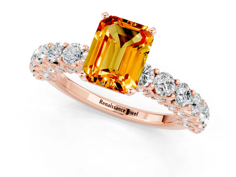 Rose gold Emerald Cut Citrine Solitaire Ring with Shared Prong Pavé Band and Four-Prong Setting_1
