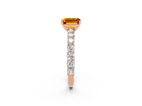 Rose gold Emerald Cut Citrine Solitaire Ring with Shared Prong Pavé Band and Four-Prong Setting_2