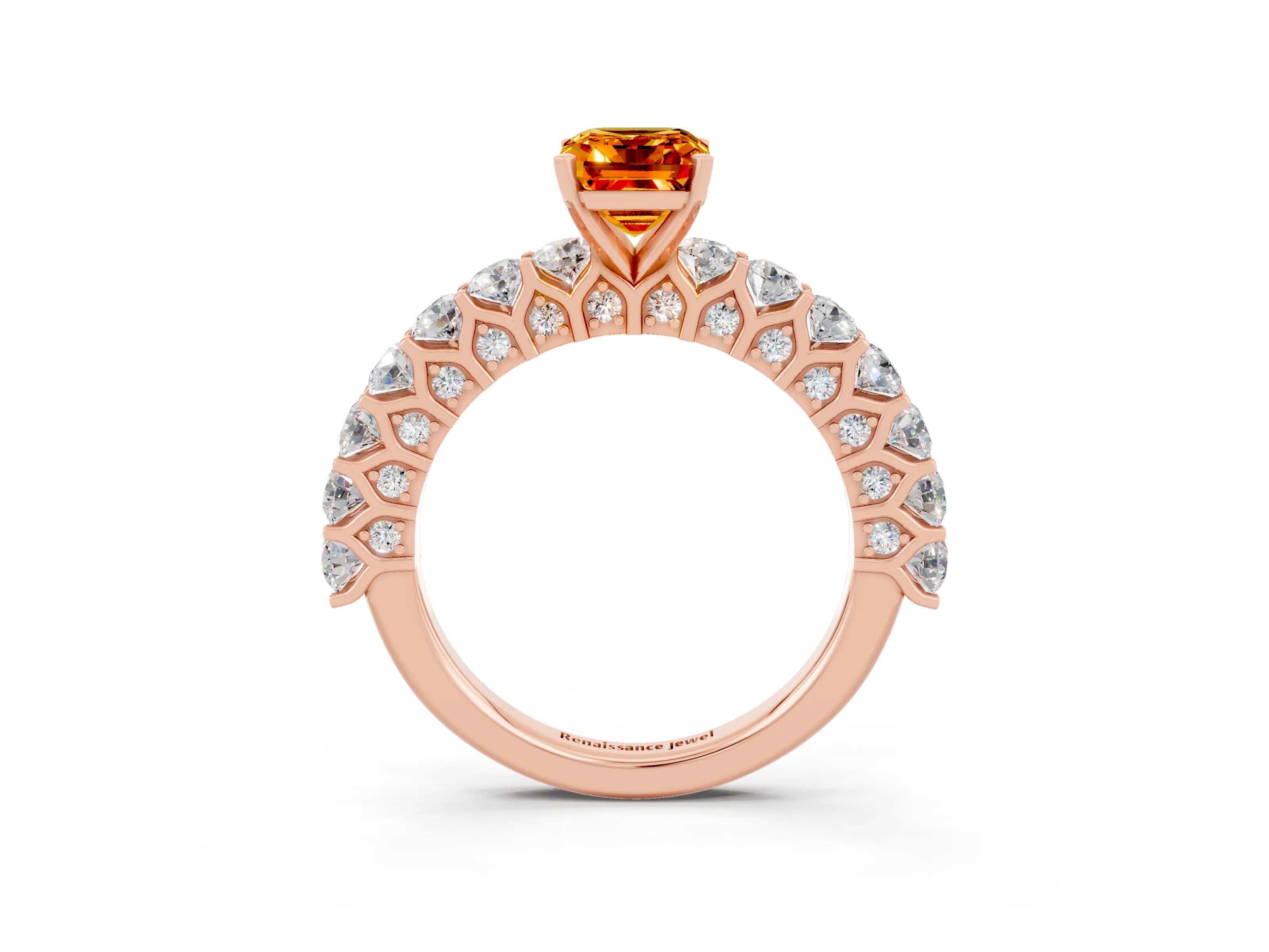 Rose gold Emerald Cut Citrine Solitaire Ring with Shared Prong Pavé Band and Four-Prong Setting_3
