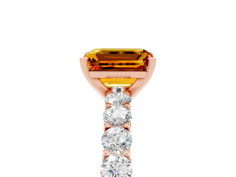 Rose gold Emerald Cut Citrine Solitaire Ring with Shared Prong Pavé Band and Four-Prong Setting_5