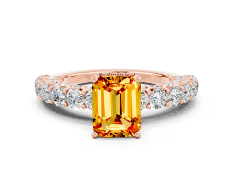 Rose gold Emerald Cut Citrine Solitaire Ring with Shared Prong Pavé Band and Four-Prong Setting