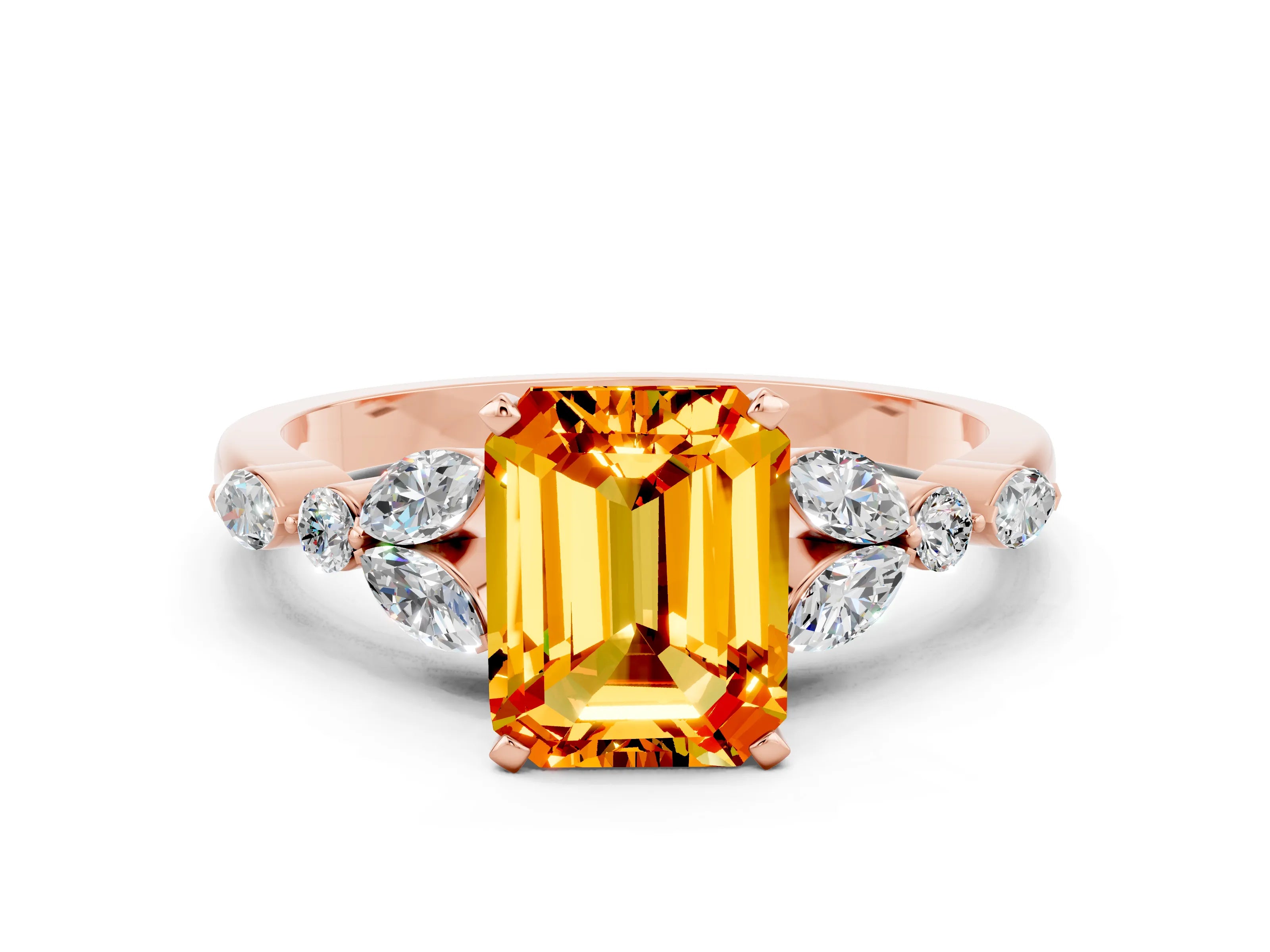 Rose gold Emerald Cut Citrine Solitaire Ring with Side Stones and Four-Prong Setting_12