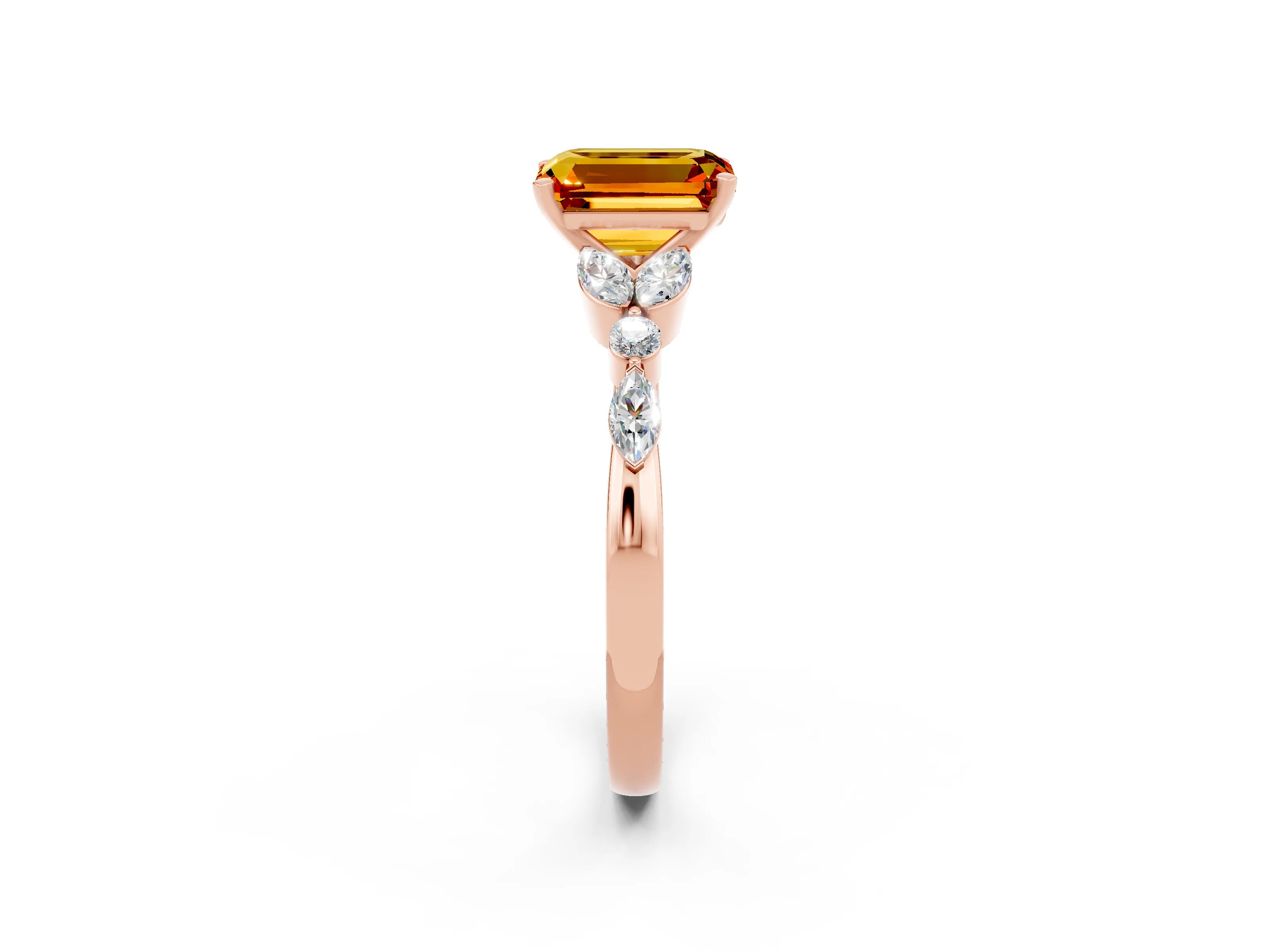 Rose gold Emerald Cut Citrine Solitaire Ring with Side Stones and Four-Prong Setting_14
