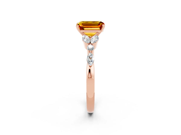 Rose gold Emerald Cut Citrine Solitaire Ring with Side Stones and Four-Prong Setting