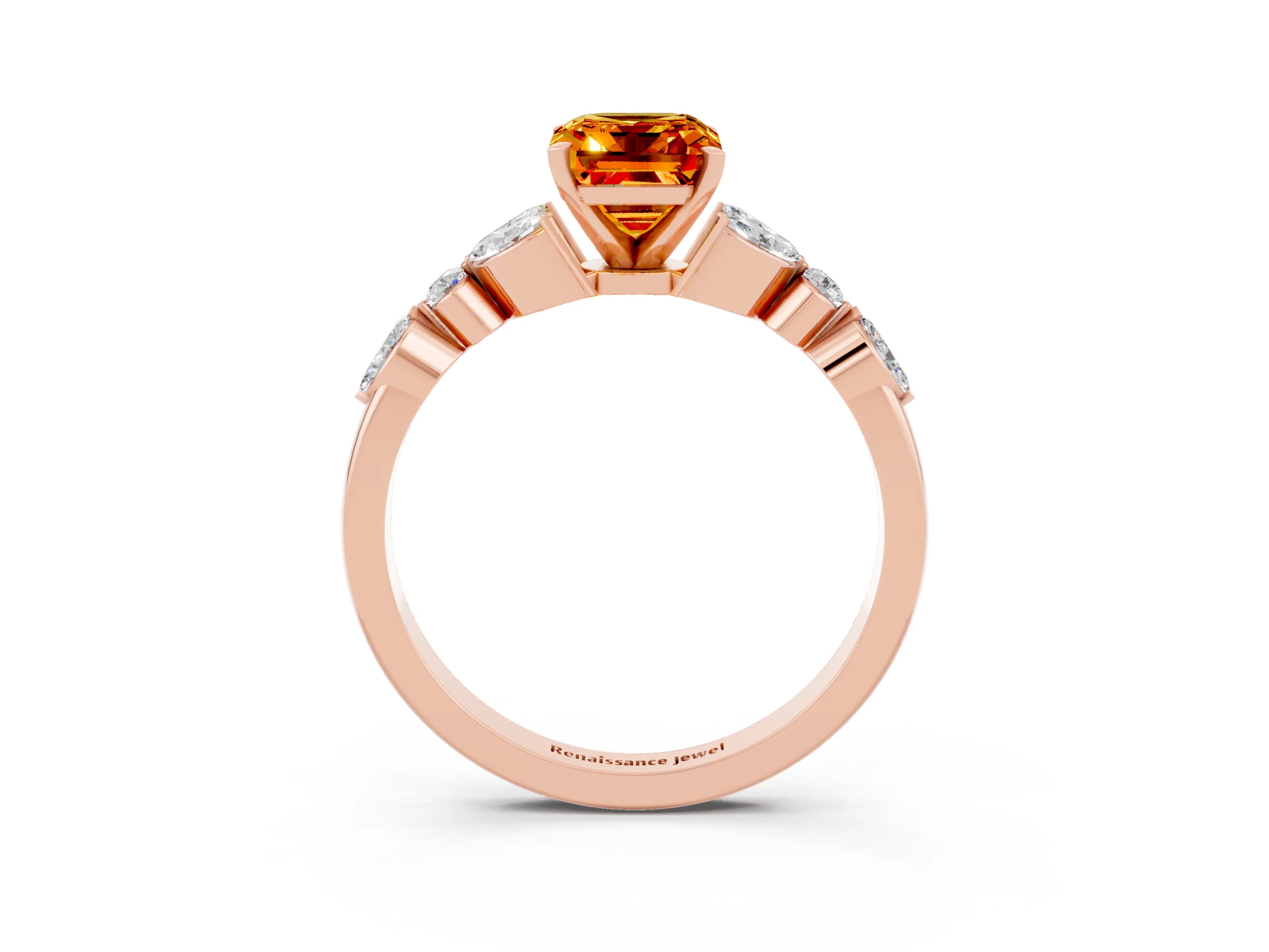 Rose gold Emerald Cut Citrine Solitaire Ring with Side Stones and Four-Prong Setting_15