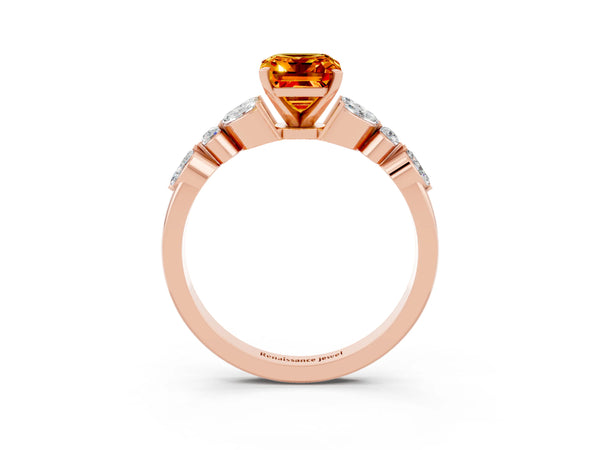 Rose gold Emerald Cut Citrine Solitaire Ring with Side Stones and Four-Prong Setting