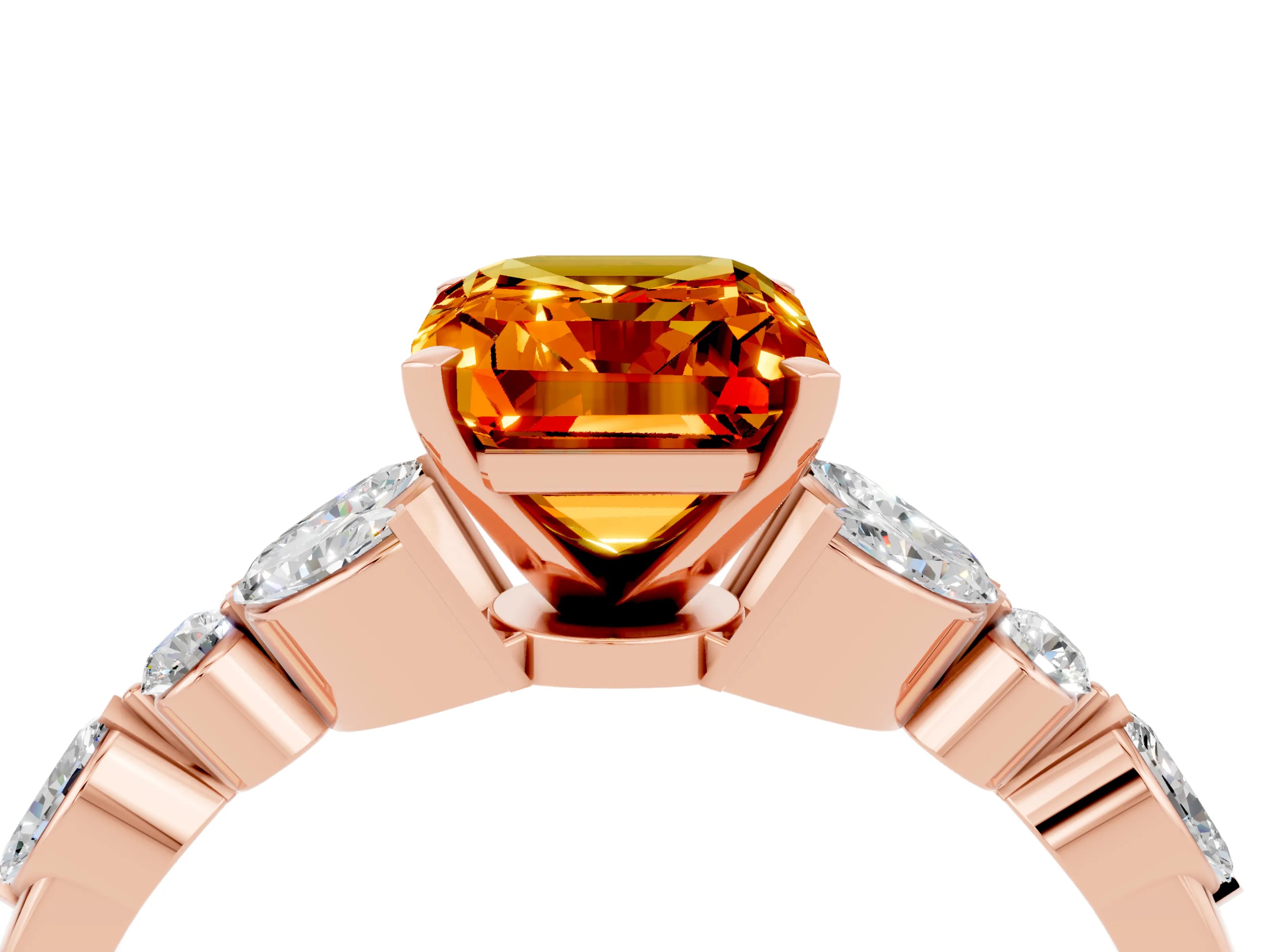 Rose gold Emerald Cut Citrine Solitaire Ring with Side Stones and Four-Prong Setting_16