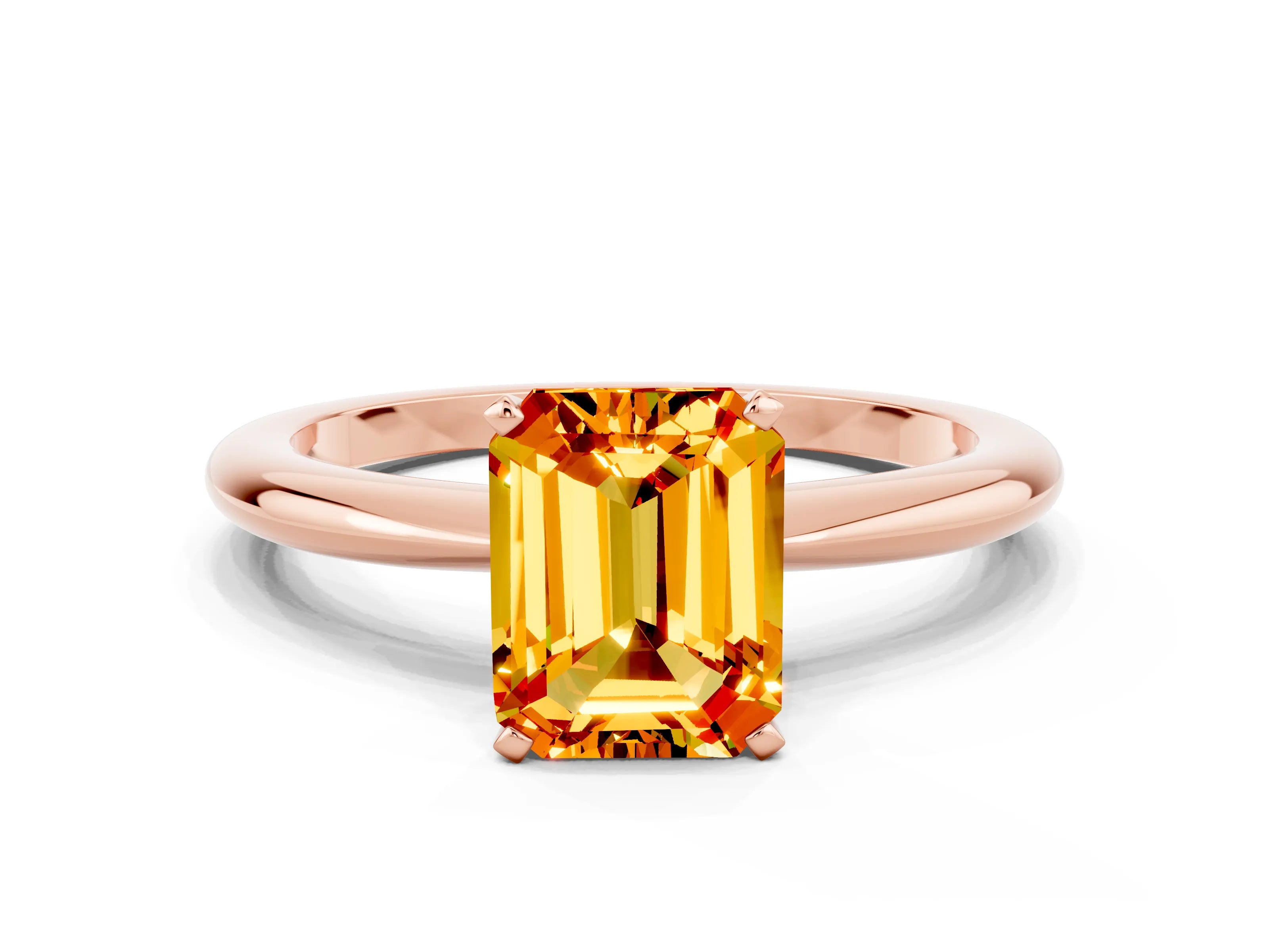 Rose gold Emerald Cut Citrine Solitaire Ring with Six-Prong Setting and Classic Band