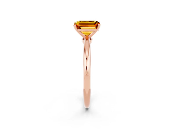 Rose gold Emerald Cut Citrine Solitaire Ring with Six-Prong Setting and Classic Band