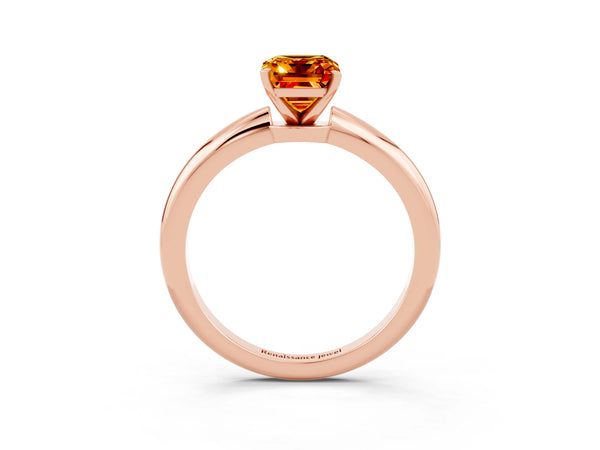 Rose gold Emerald Cut Citrine Solitaire Ring with Six-Prong Setting and Classic Band