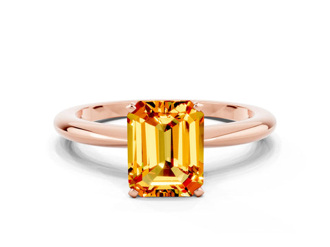 Rose gold Emerald Cut Citrine Solitaire Ring with Six-Prong Setting and Classic Band