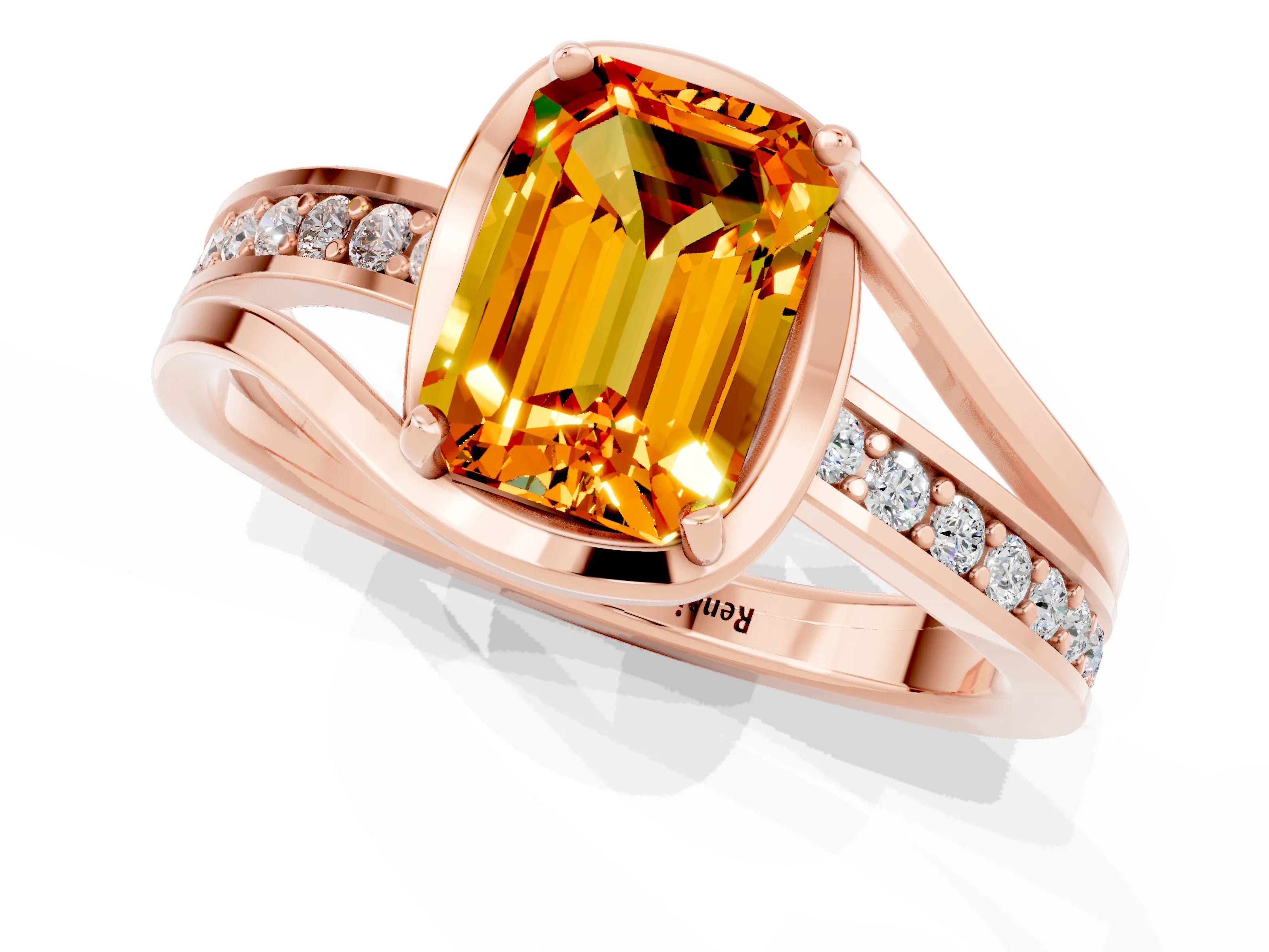 Rose gold Emerald Cut Citrine Solitaire Ring with Split Shank and Prong Setting_1