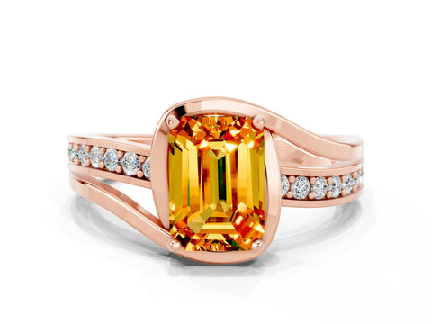 Rose gold Emerald Cut Citrine Solitaire Ring with Split Shank and Prong Setting